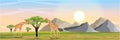 Giraffes and acacia trees in the African savannah. Mountains on the horizon. Realistic vector landscape. The nature of Africa Royalty Free Stock Photo